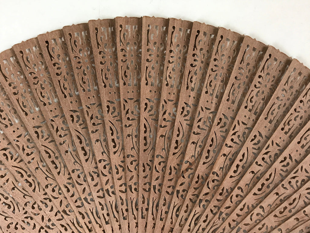 Chinese Carved Sandalwood Folding Fan Vtg Floral Green Tassel W/ Box 4D713