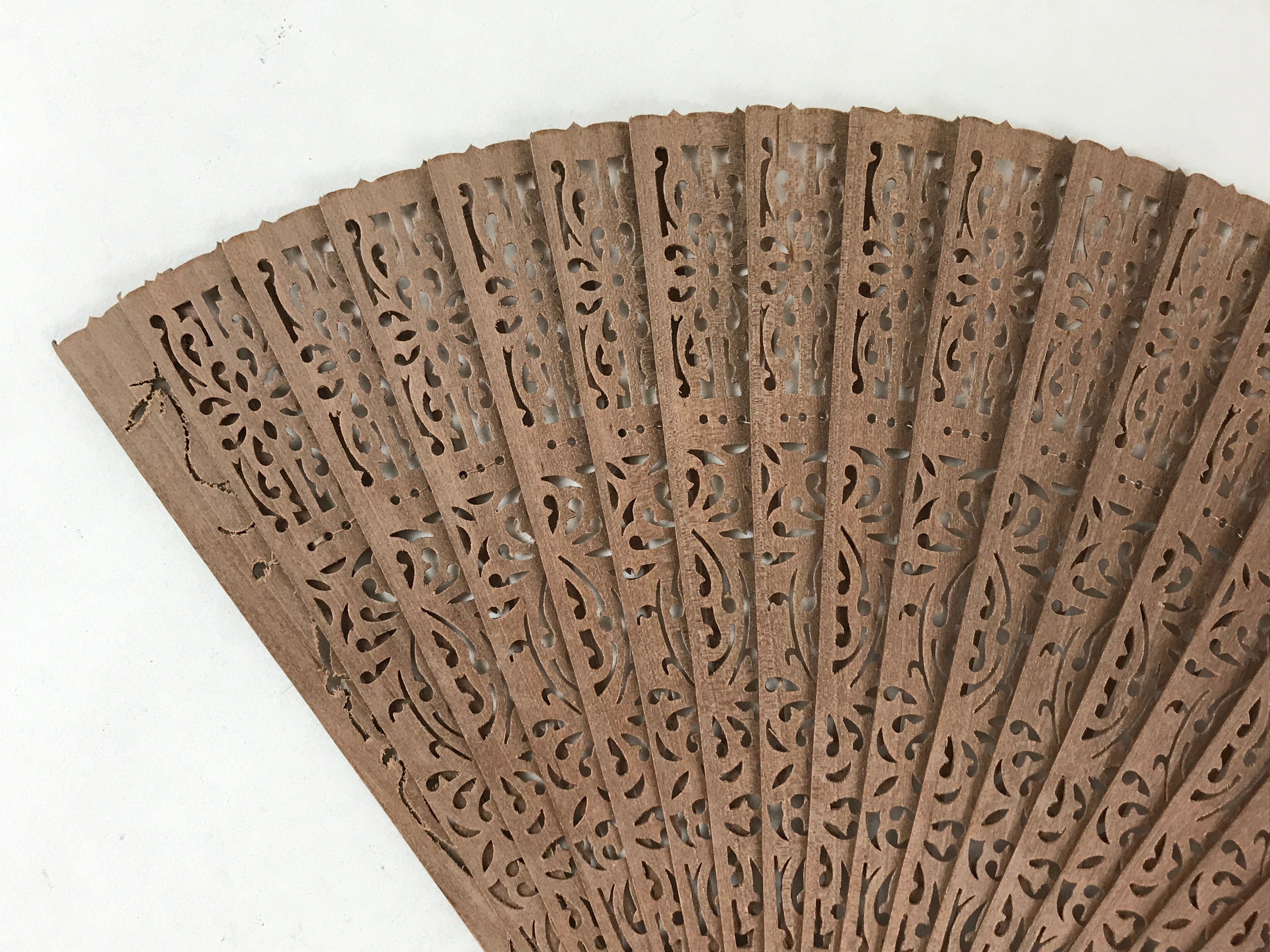 Chinese Carved Sandalwood Folding Fan Vtg Floral Green Tassel W/ Box 4D713