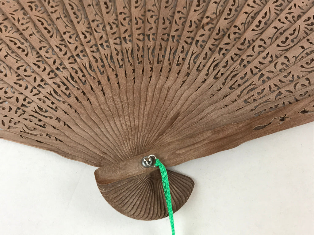 Chinese Carved Sandalwood Folding Fan Vtg Floral Green Tassel W/ Box 4D713