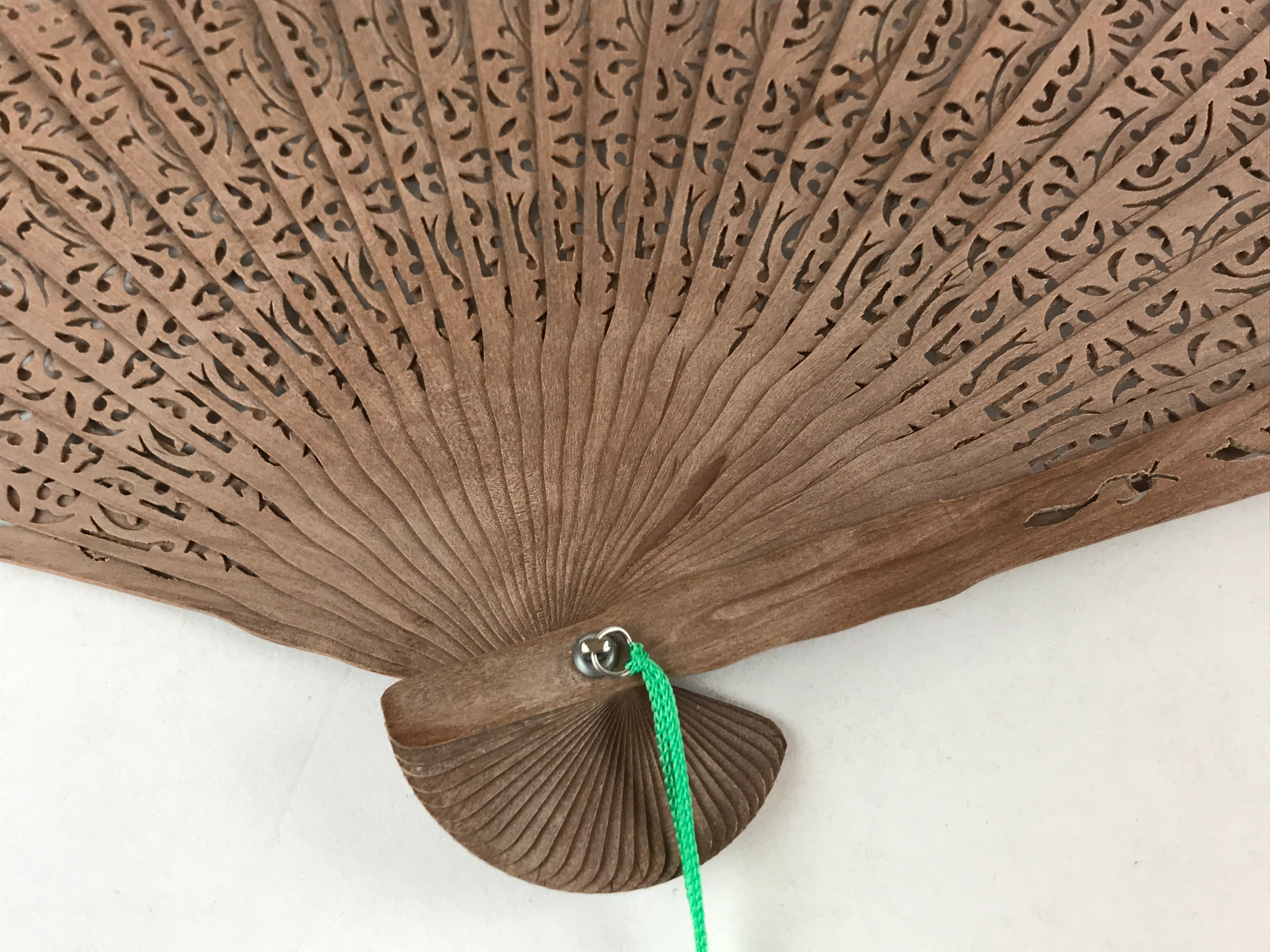 Chinese Carved Sandalwood Folding Fan Vtg Floral Green Tassel W/ Box 4D713