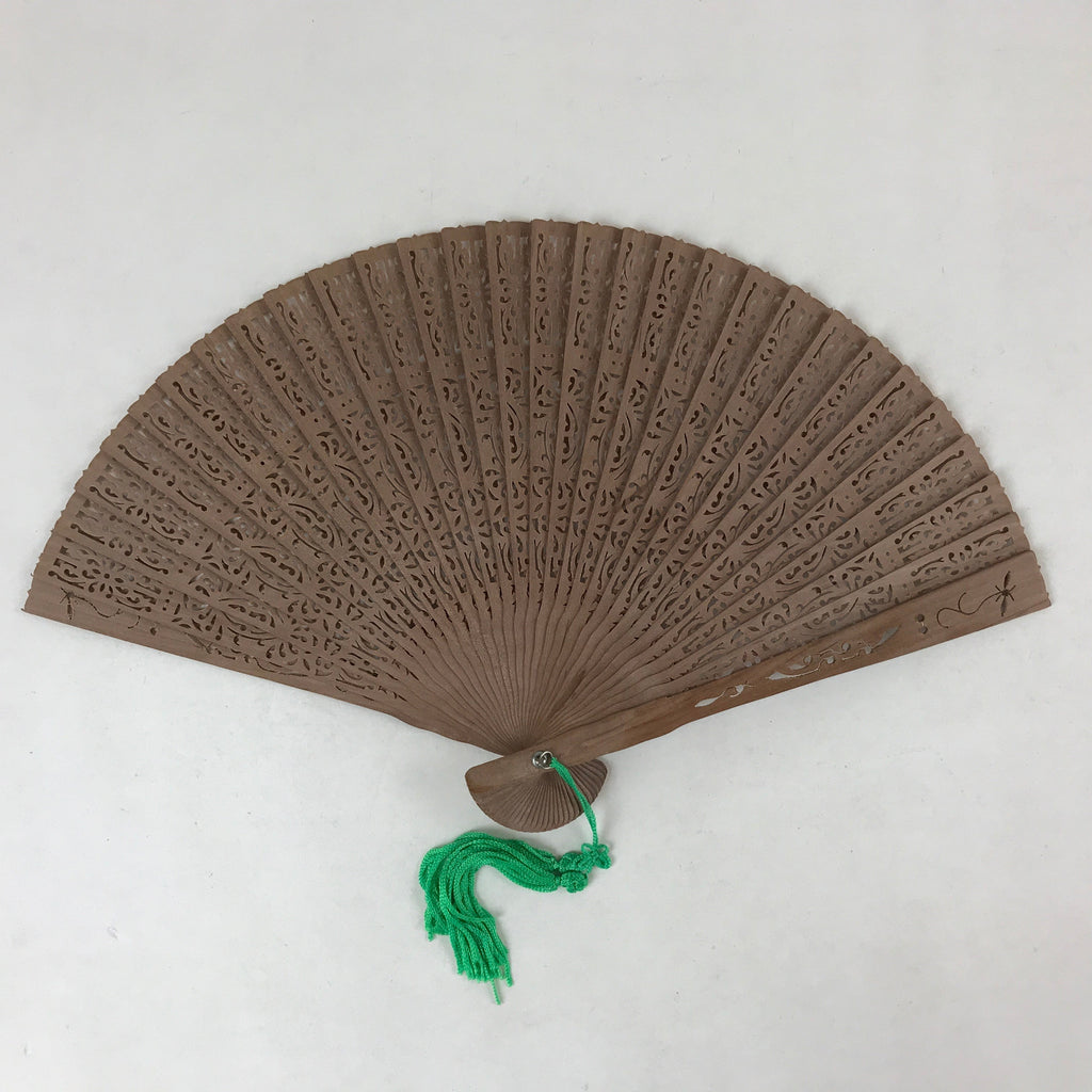 Chinese Carved Sandalwood Folding Fan Vtg Floral Green Tassel W/ Box 4D713