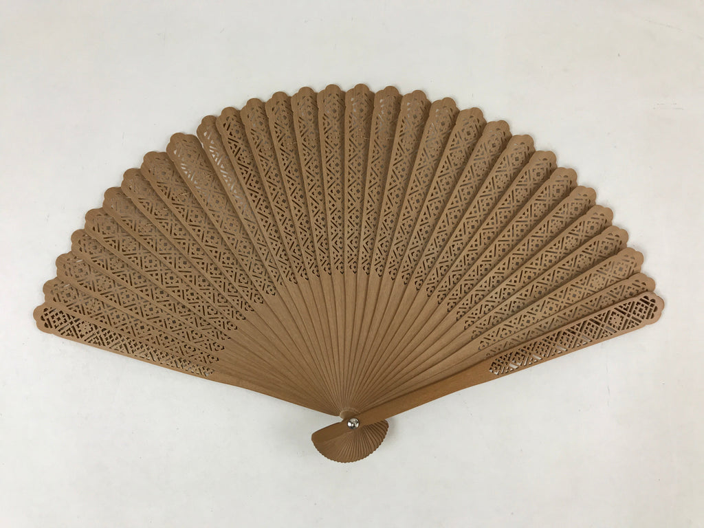 Chinese Carved Sandalwood Folding Fan Vtg Round Cuts Floral Boxed 4D717