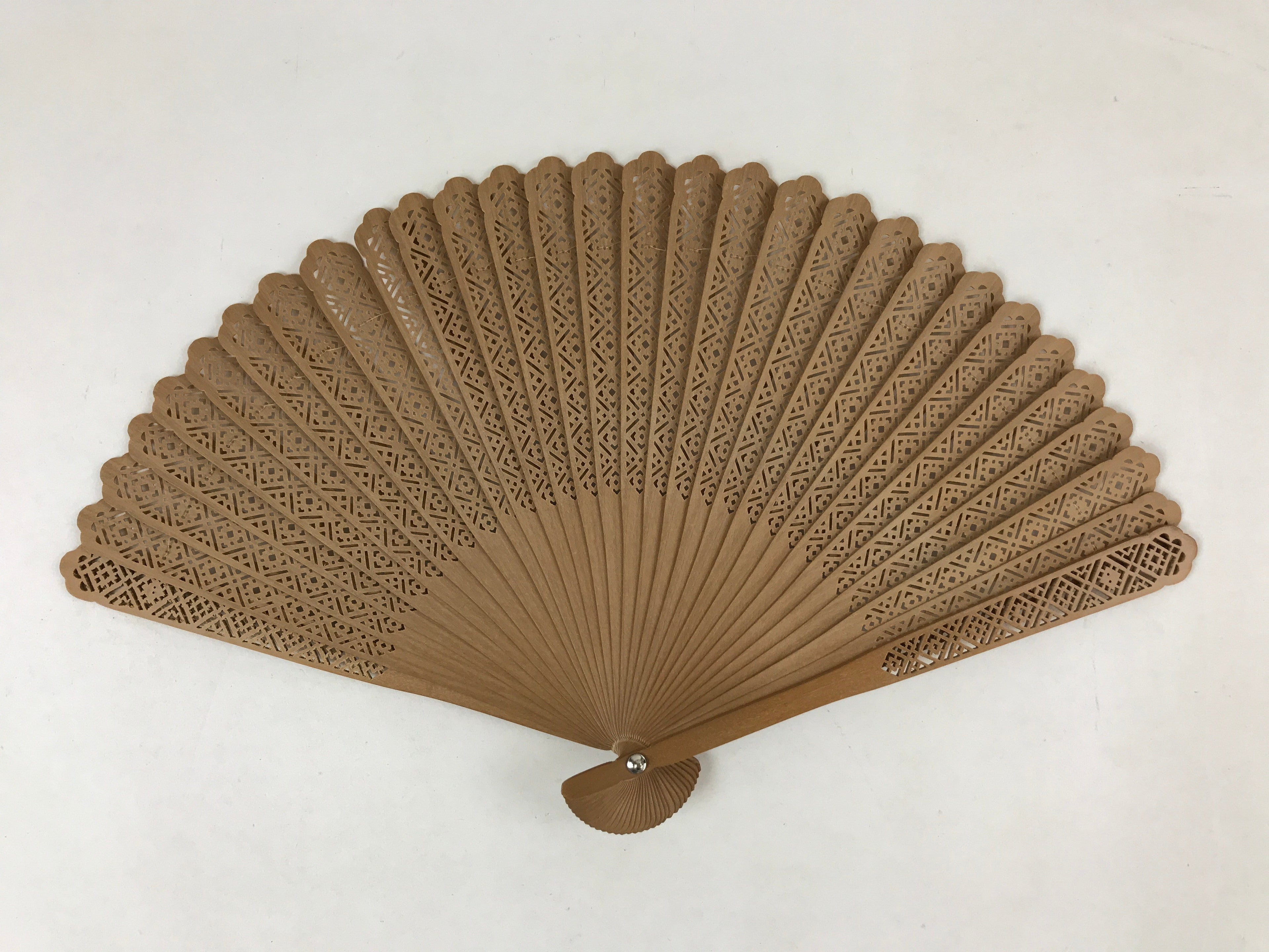 Chinese Carved Sandalwood Folding Fan Vtg Round Cuts Floral Boxed 4D717