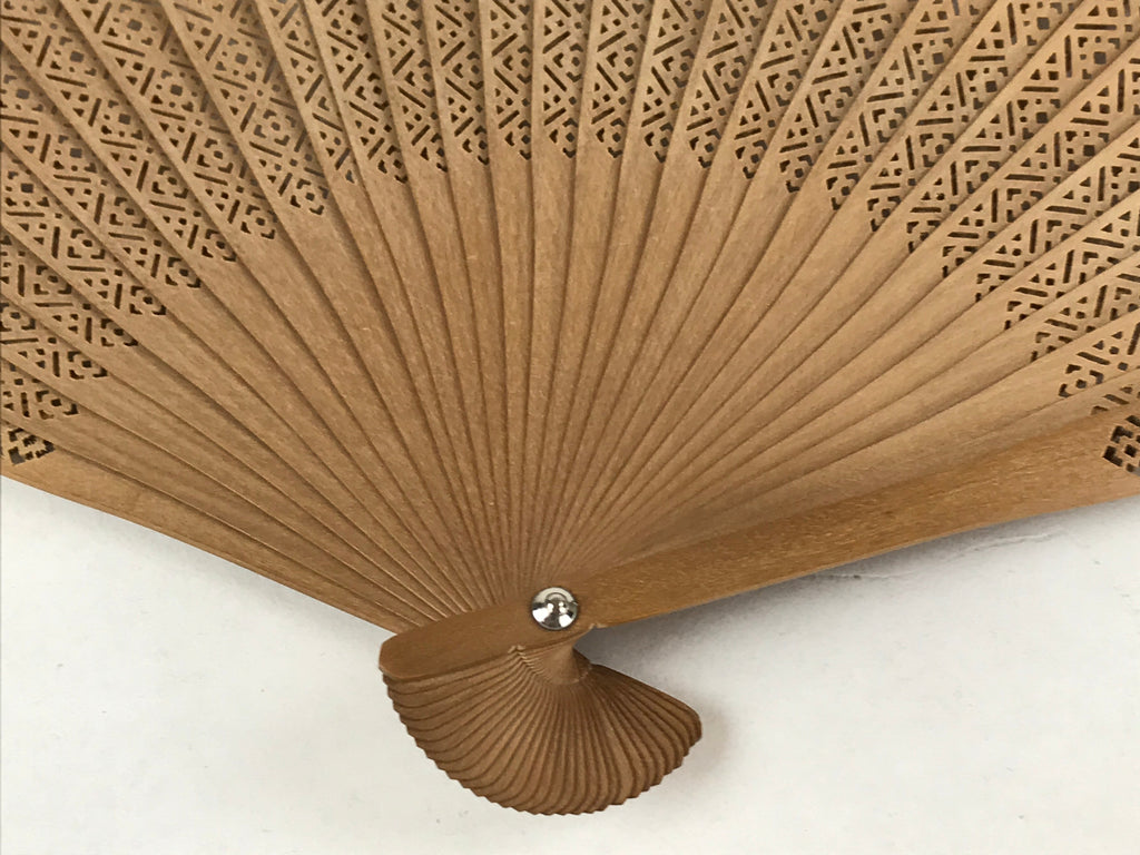 Chinese Carved Sandalwood Folding Fan Vtg Round Cuts Floral Boxed 4D717