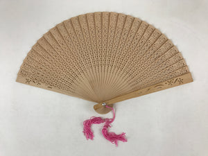 Chinese Carved Sandalwood Folding Fan Vtg Round Geometric Pink Tassel 4D715