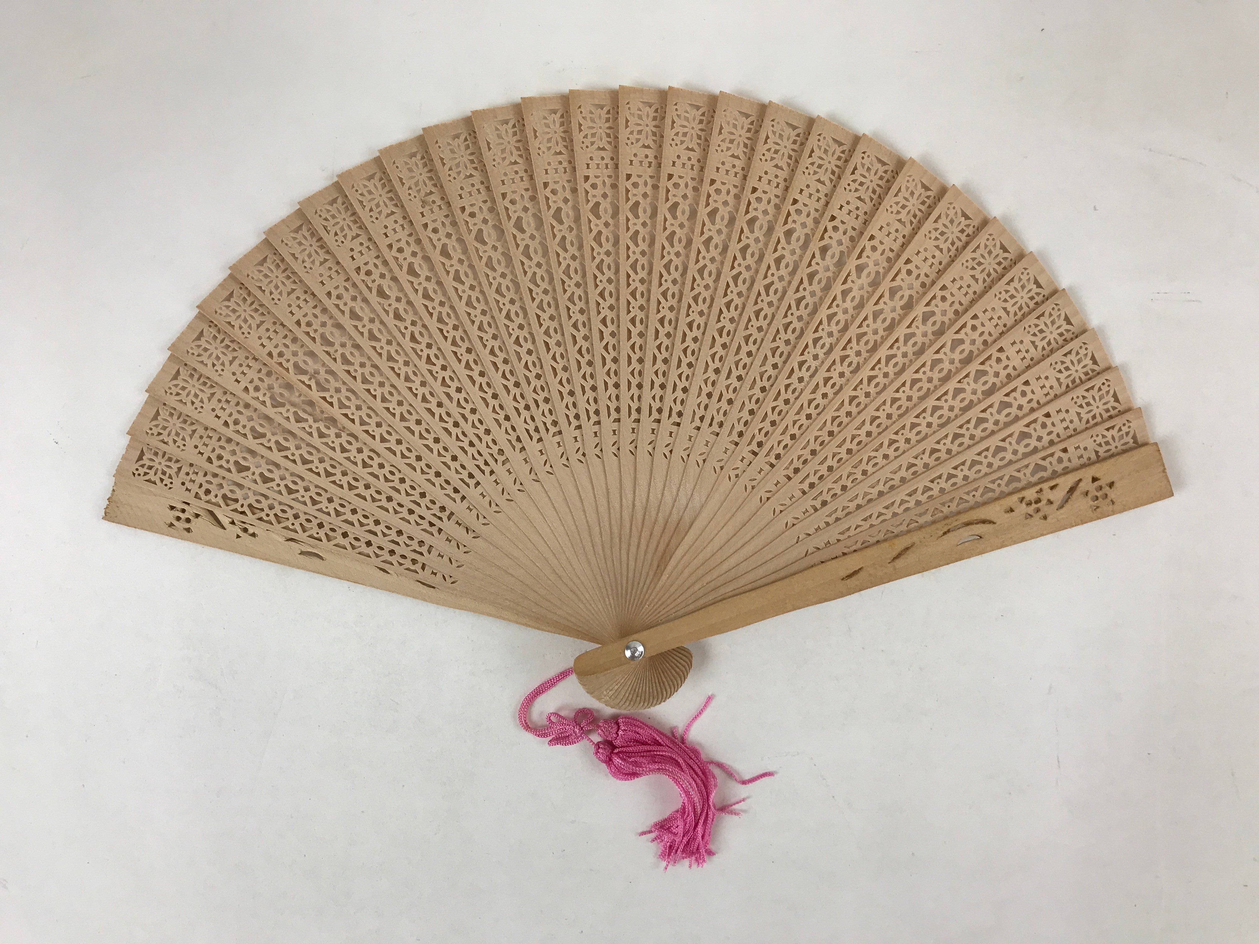 Chinese Carved Sandalwood Folding Fan Vtg Round Geometric Pink Tassel 4D715