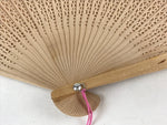 Chinese Carved Sandalwood Folding Fan Vtg Round Geometric Pink Tassel 4D715