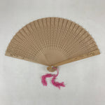 Chinese Carved Sandalwood Folding Fan Vtg Round Geometric Pink Tassel 4D715