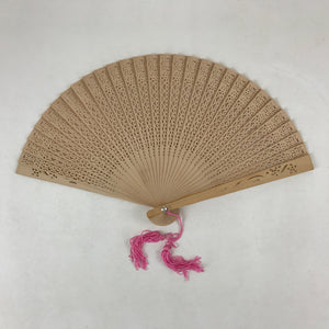 Chinese Carved Sandalwood Folding Fan Vtg Round Geometric Pink Tassel 4D715