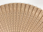 Chinese Carved Santal Wood Folding Fan Vtg Round Geometric Pink Tassel 4D715