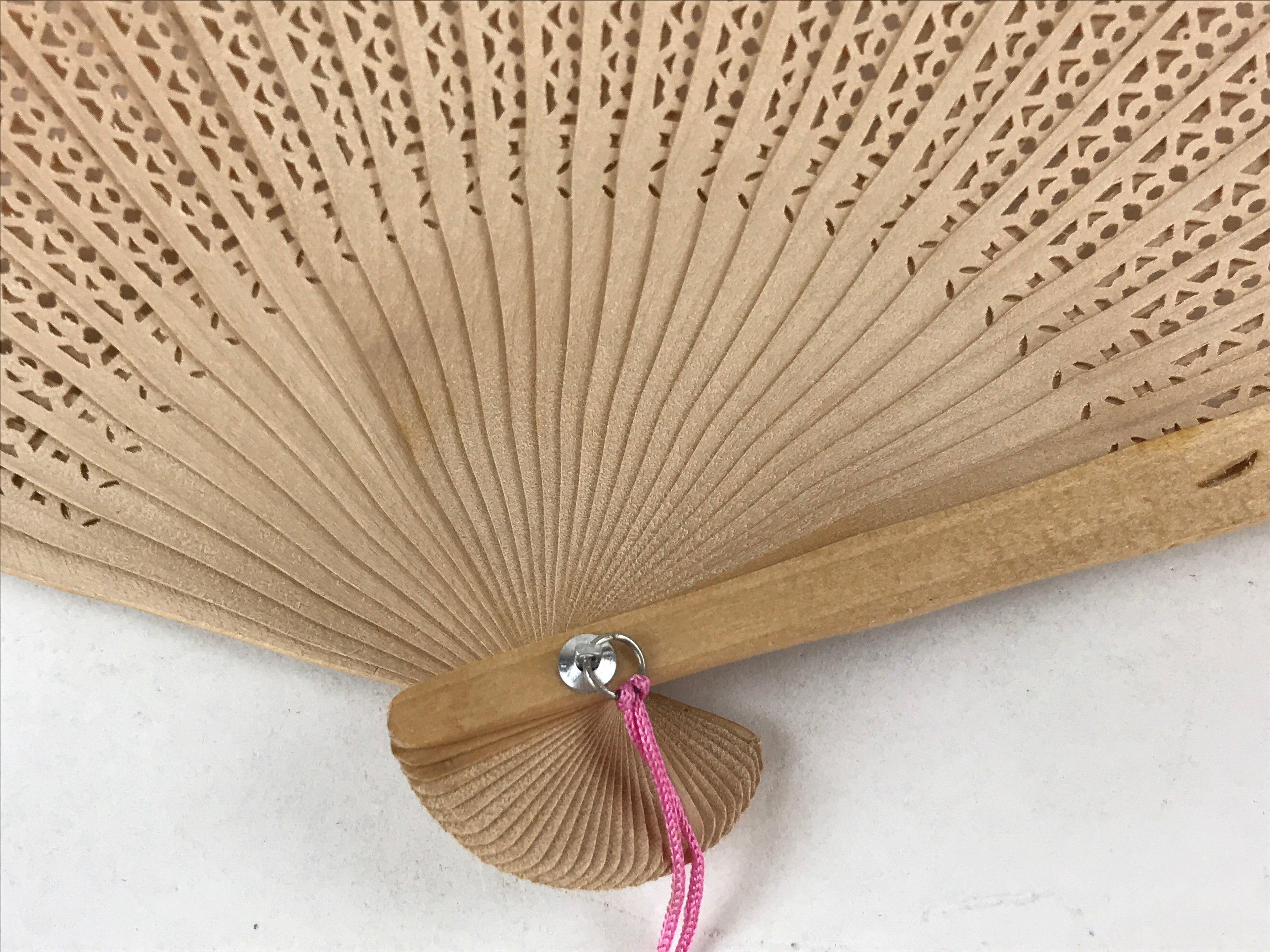Chinese Carved Santal Wood Folding Fan Vtg Round Geometric Pink Tassel 4D715