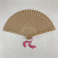 Chinese Carved Santal Wood Folding Fan Vtg Round Geometric Pink Tassel 4D715