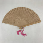 Chinese Carved Santal Wood Folding Fan Vtg Round Geometric Pink Tassel 4D715