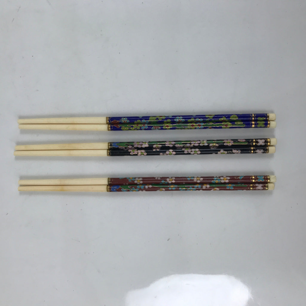 Chinese Ceramic Cloisonné Chopsticks Vtg 3 Pairs Black Brown Blue Boxed JK796