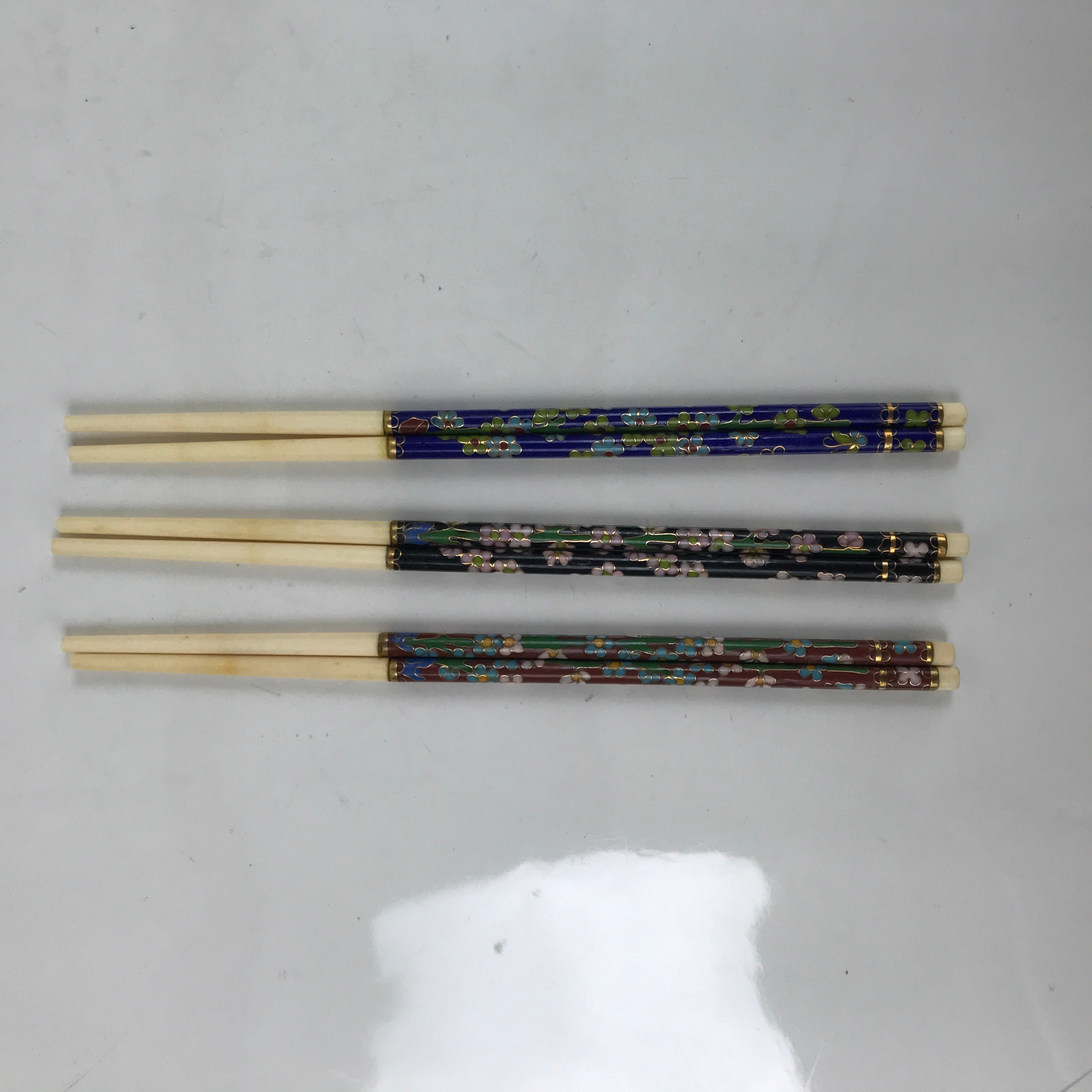 Chinese Ceramic Cloisonné Chopsticks Vtg 3 Pairs Black Brown Blue Boxed JK796