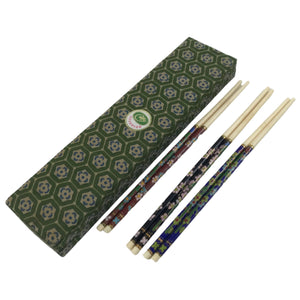 Chinese Ceramic Cloisonné Chopsticks Vtg 3 Pairs Black Brown Blue Boxed JK796