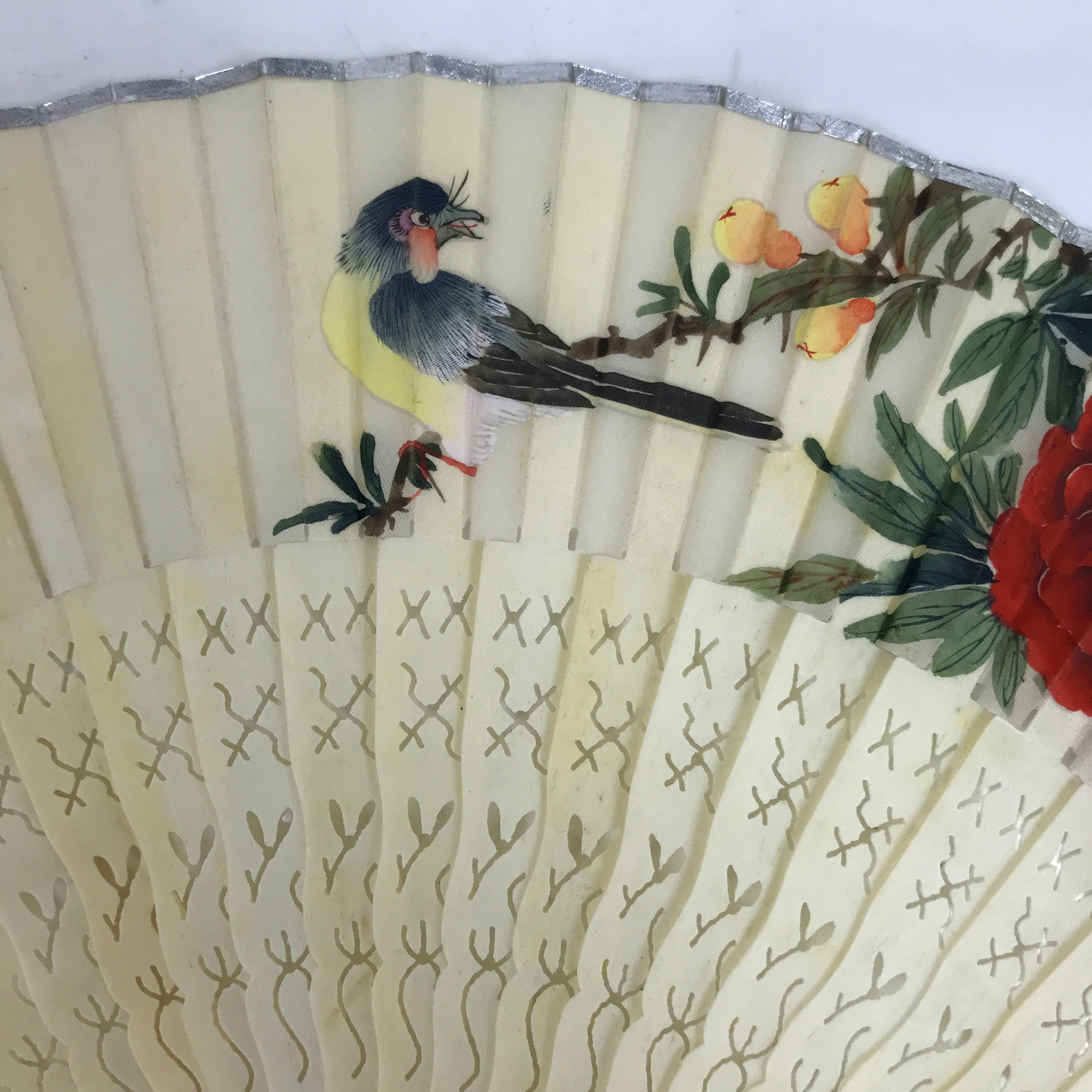 Chinese Fabric Folding Fan Sensu Vtg Resin Frame Blue Bird Camellia w/Box 4D818