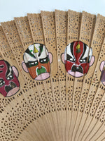 Chinese Folding Fan Sensu Vtg Beijing Opera Color Masks Sandalwood Boxed 4D924