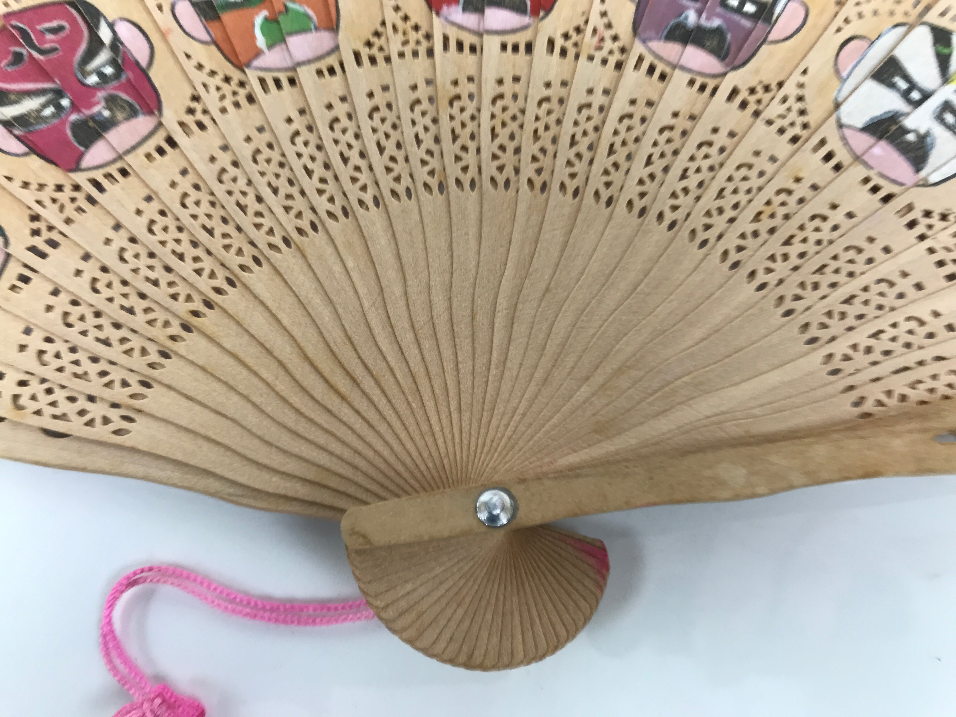 Chinese Folding Fan Sensu Vtg Beijing Opera Color Masks Sandalwood Boxed 4D924
