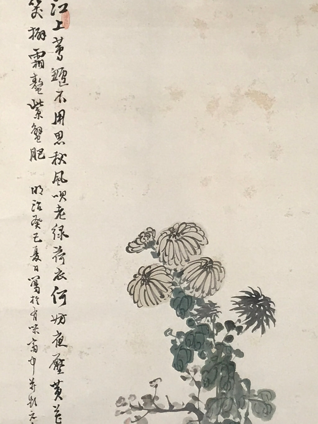 Chinese Hanging Scroll Kakejiku Vtg Chrysanthemum Flowers Poem Color Ink KJ89