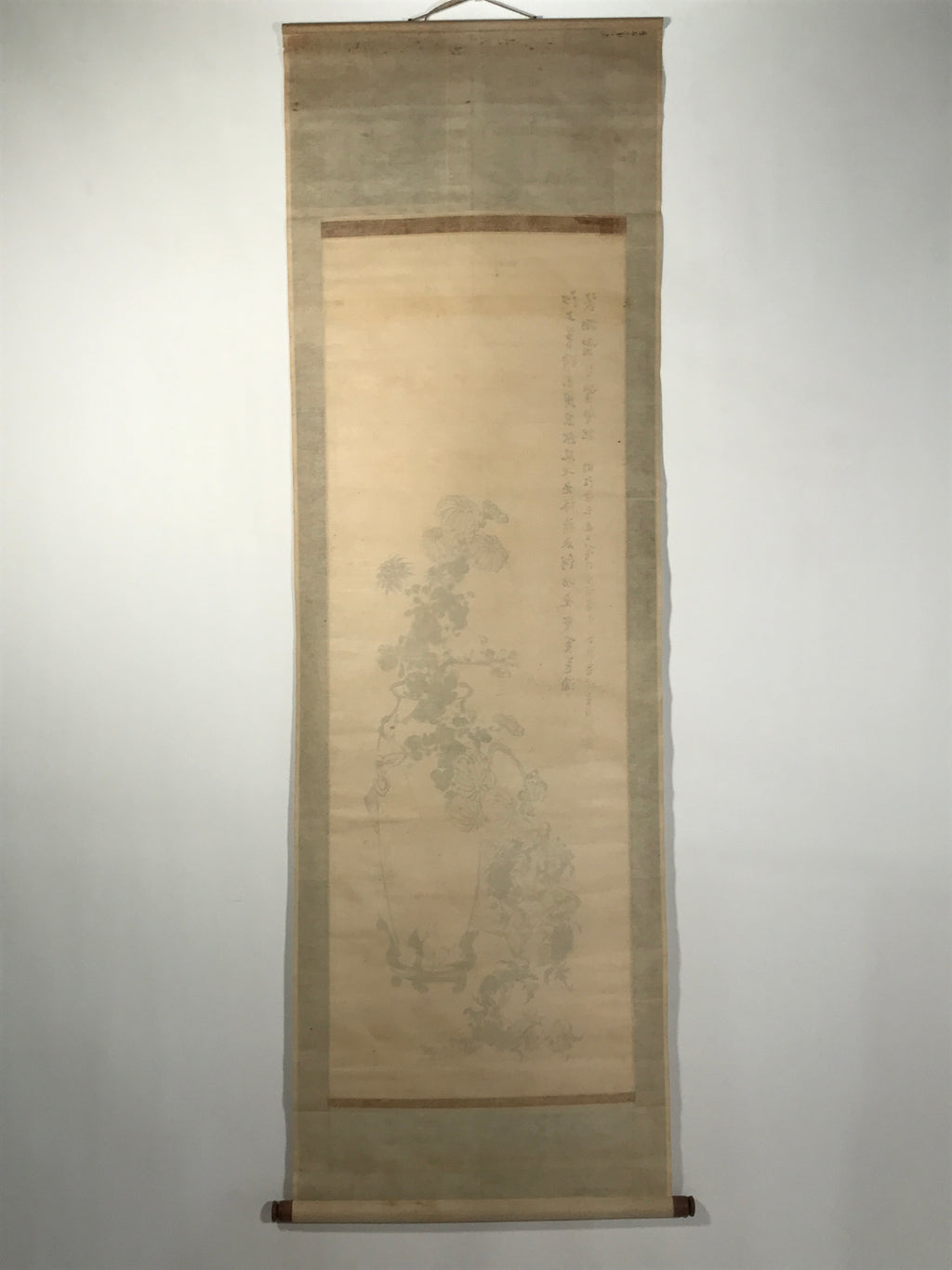 Chinese Hanging Scroll Kakejiku Vtg Chrysanthemum Flowers Poem Color Ink KJ89