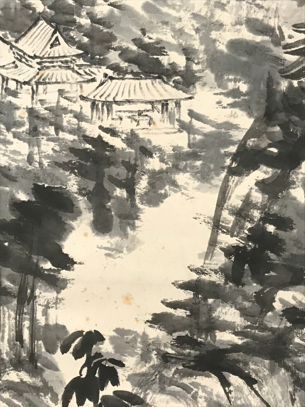 Chinese Hanging Scroll Kakejiku Vtg Mountain Tree River Houses Black KJ125