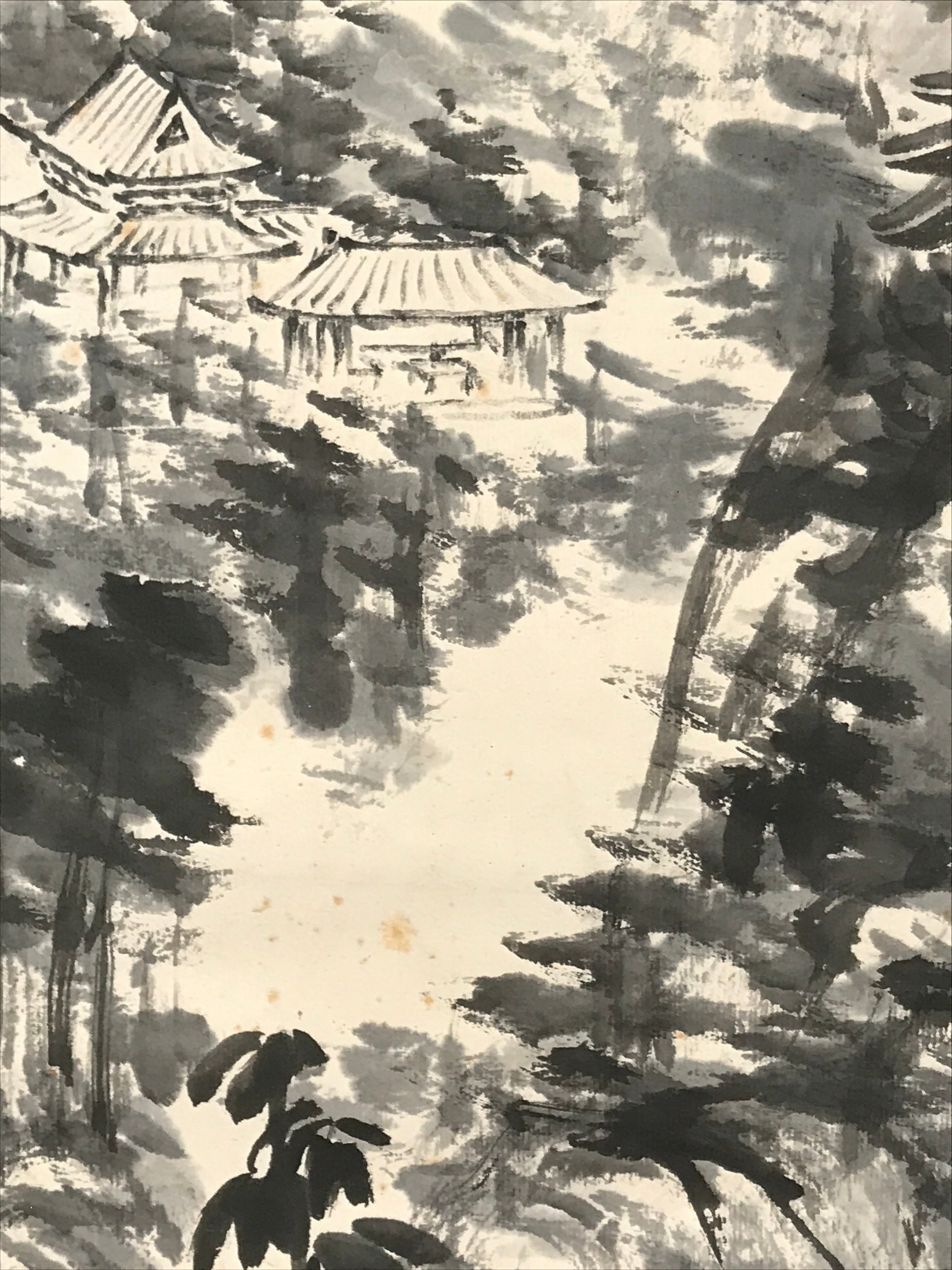 Chinese Hanging Scroll Kakejiku Vtg Mountain Tree River Houses Black KJ125