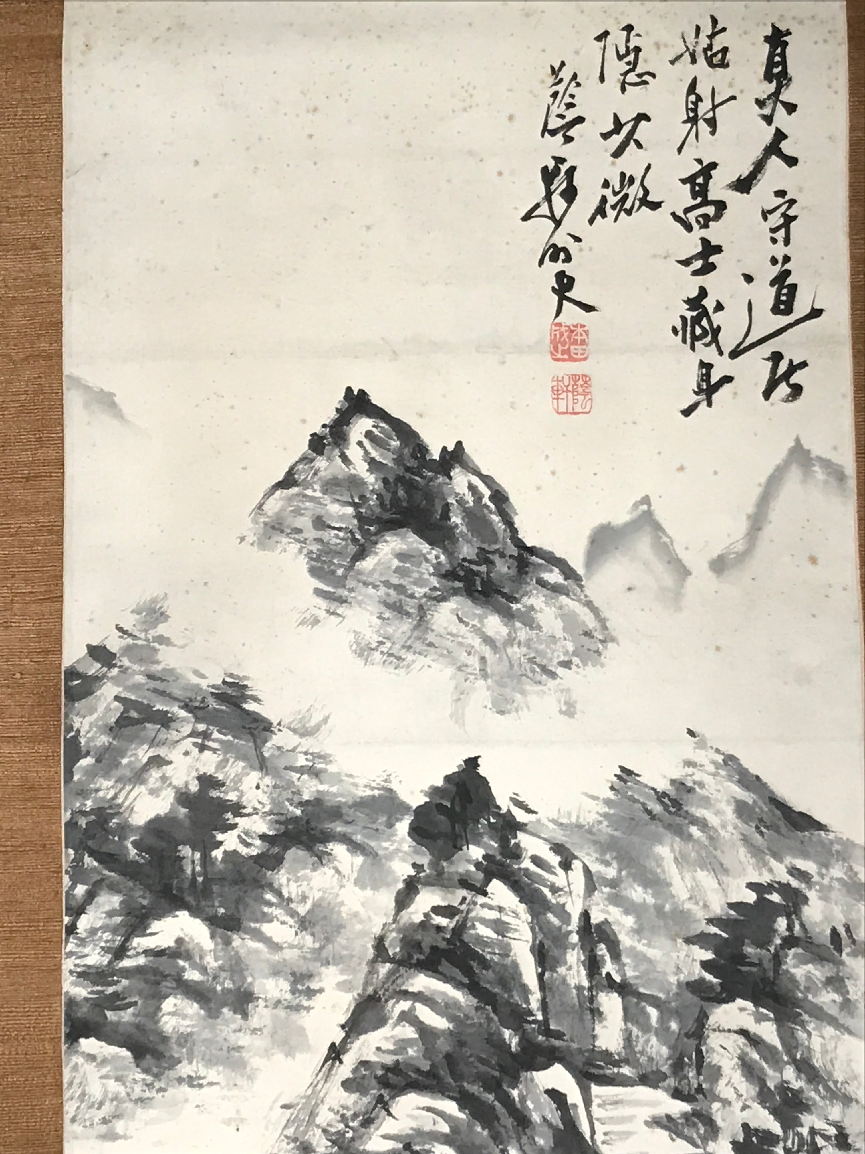 Chinese Hanging Scroll Kakejiku Vtg Mountain Tree River Houses Black KJ125