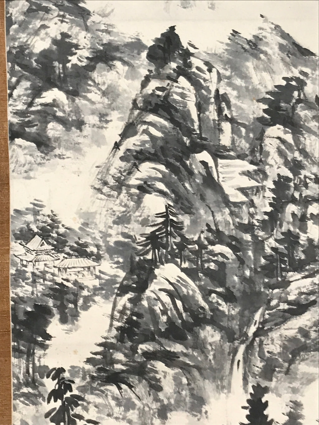 Chinese Hanging Scroll Kakejiku Vtg Mountain Tree River Houses Black KJ125