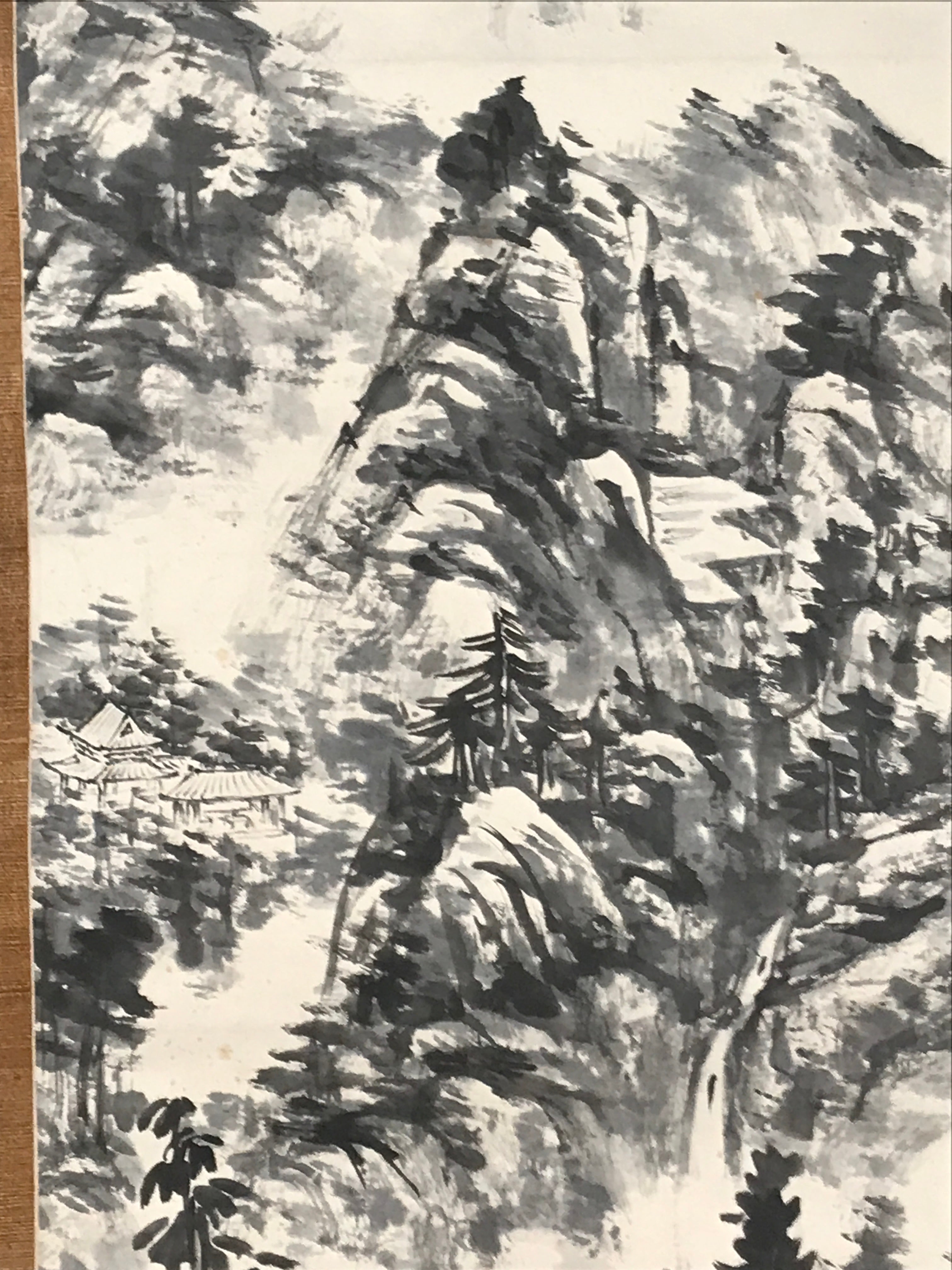 Chinese Hanging Scroll Kakejiku Vtg Mountain Tree River Houses Black KJ125