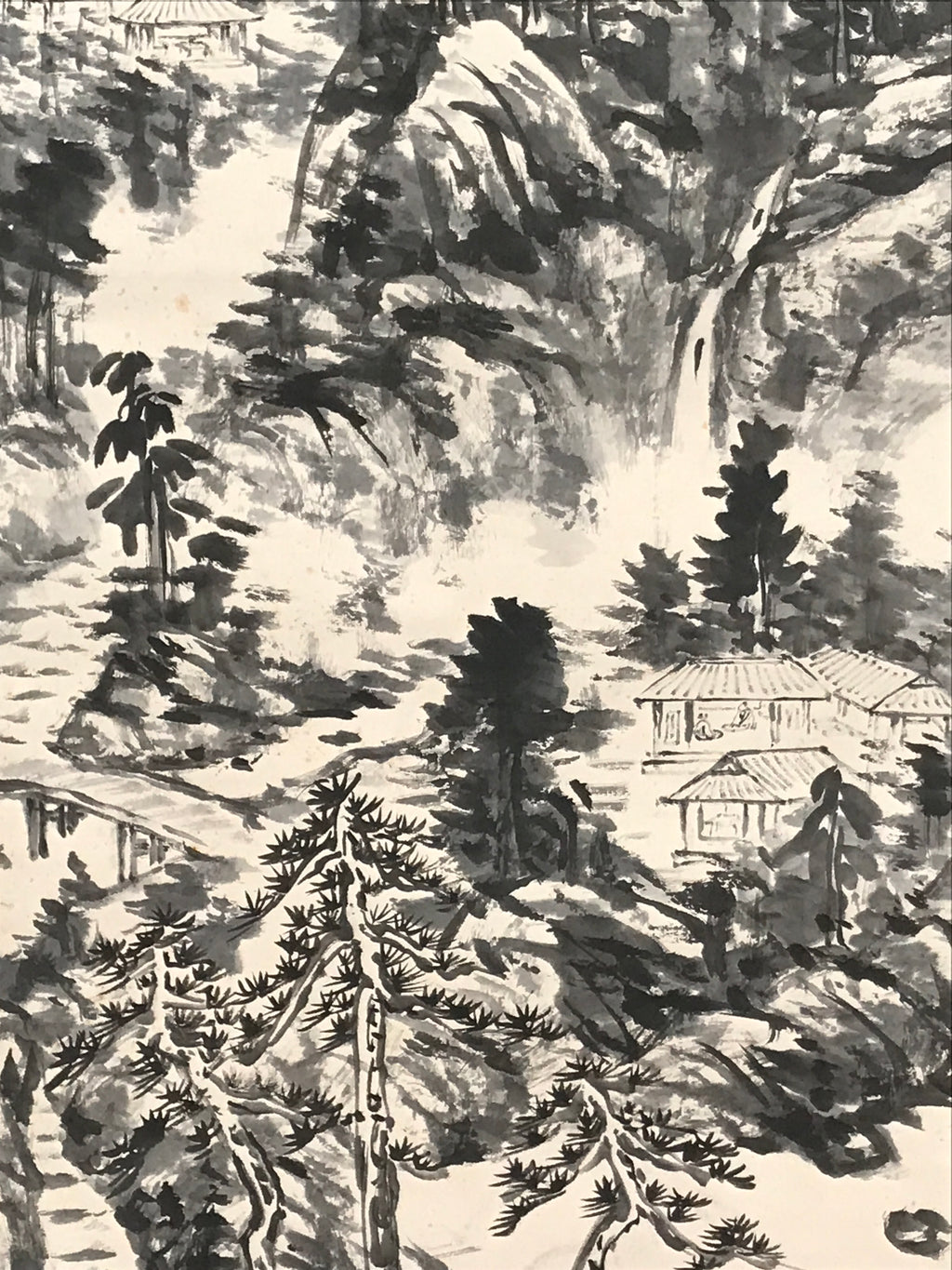 Chinese Hanging Scroll Kakejiku Vtg Mountain Tree River Houses Black KJ125