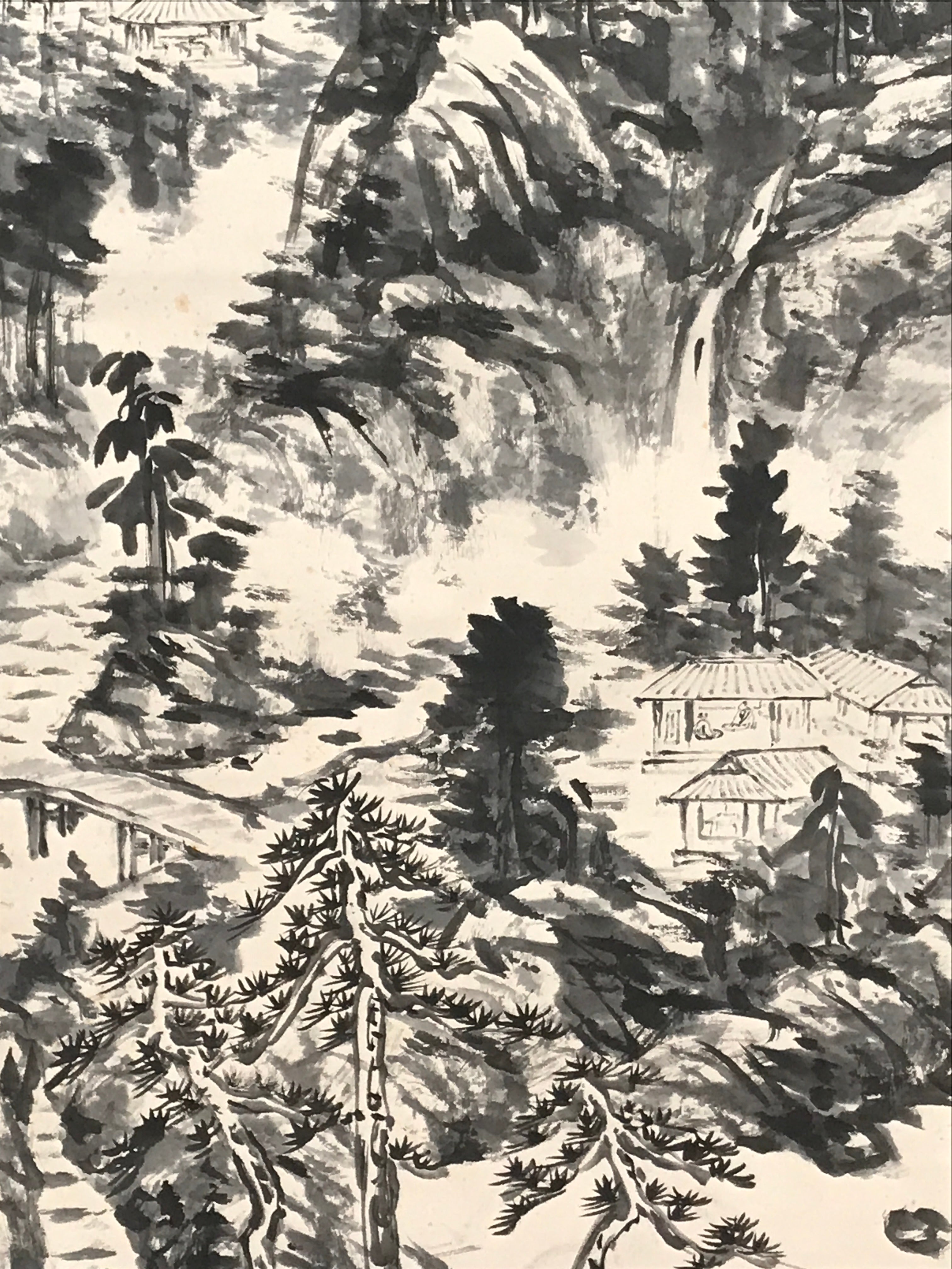 Chinese Hanging Scroll Kakejiku Vtg Mountain Tree River Houses Black KJ125