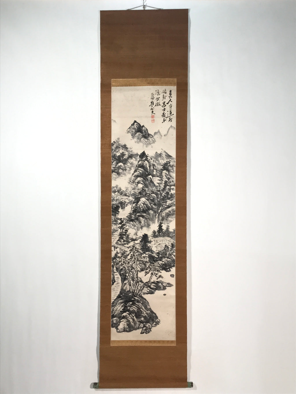 Chinese Hanging Scroll Kakejiku Vtg Mountain Tree River Houses Black KJ125