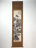 Chinese Hanging Scroll Kakejiku Vtg Mountain Tree River Houses Black KJ125