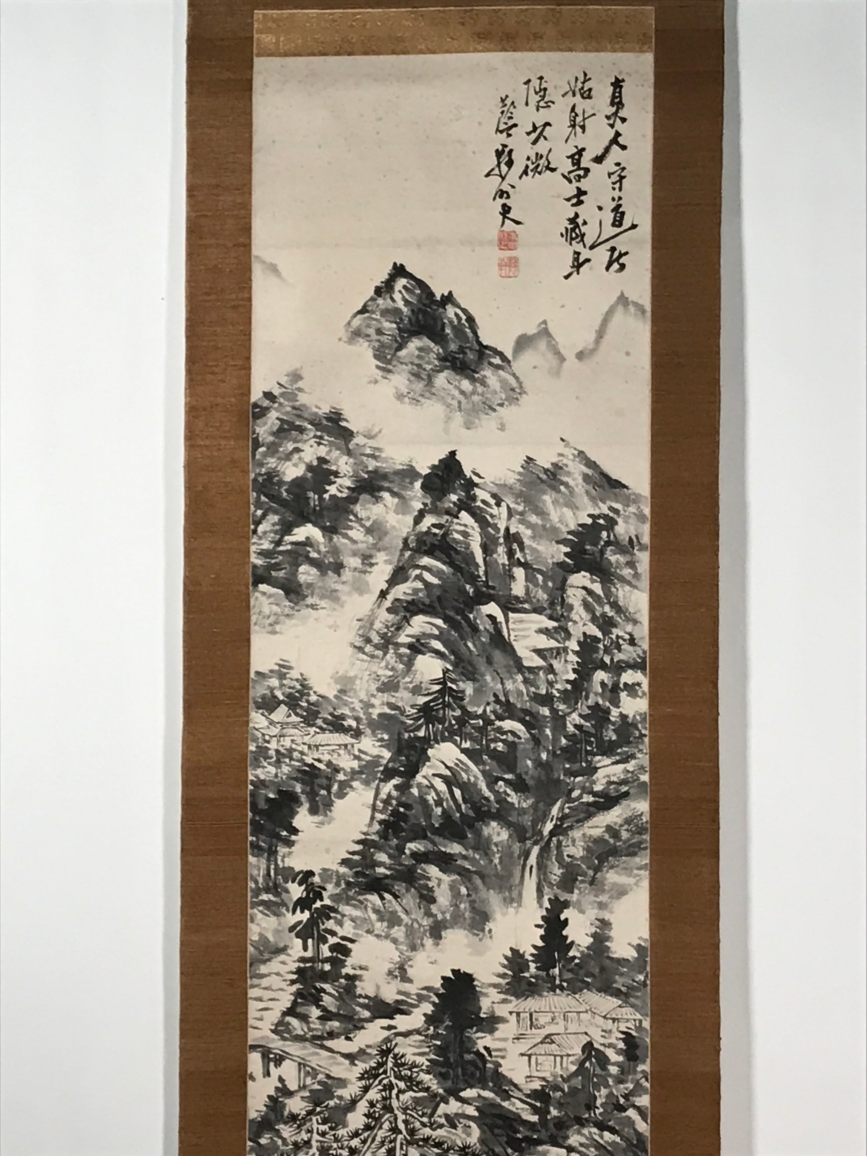 Chinese Hanging Scroll Kakejiku Vtg Mountain Tree River Houses Black KJ125