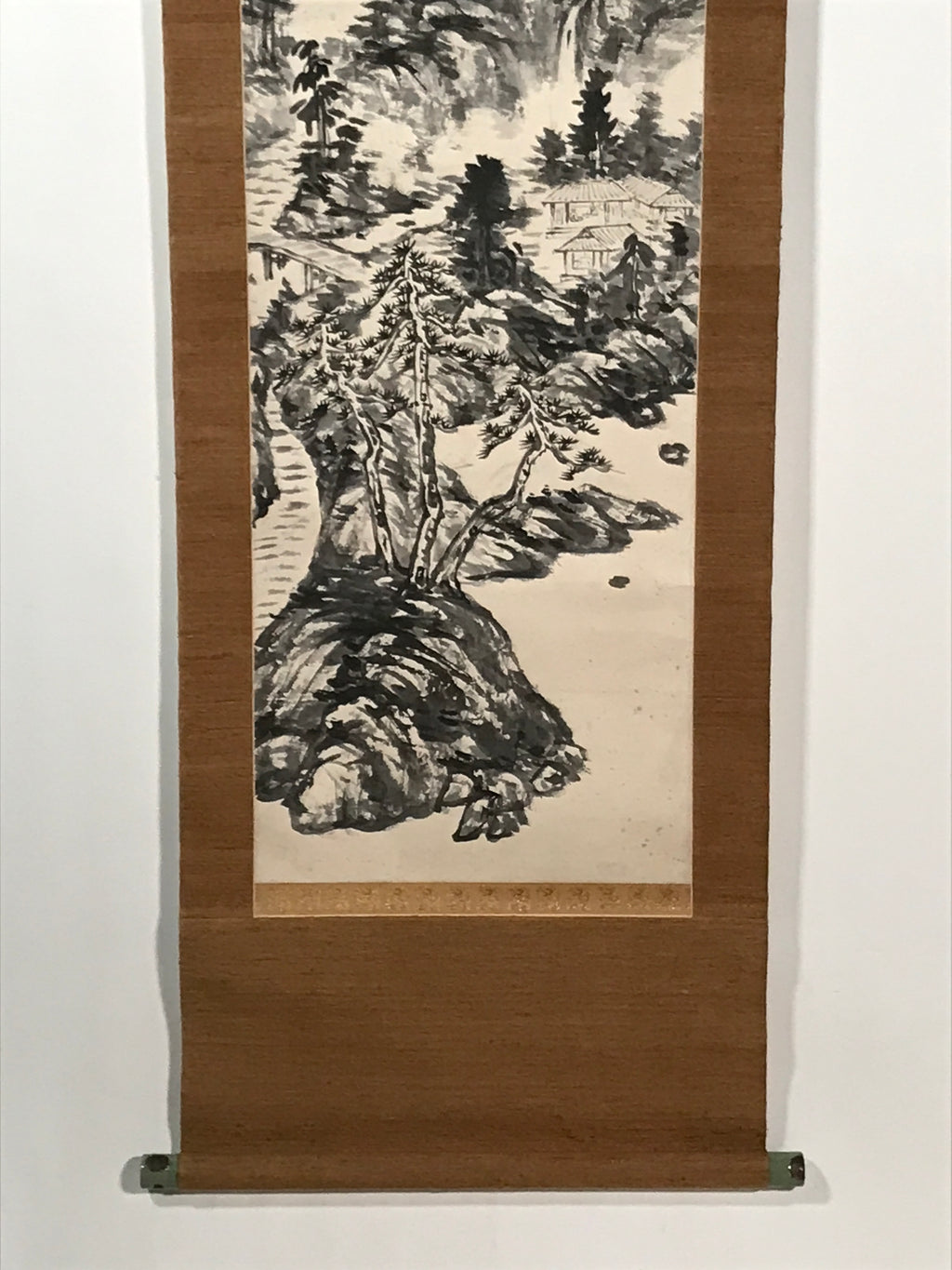 Chinese Hanging Scroll Kakejiku Vtg Mountain Tree River Houses Black KJ125