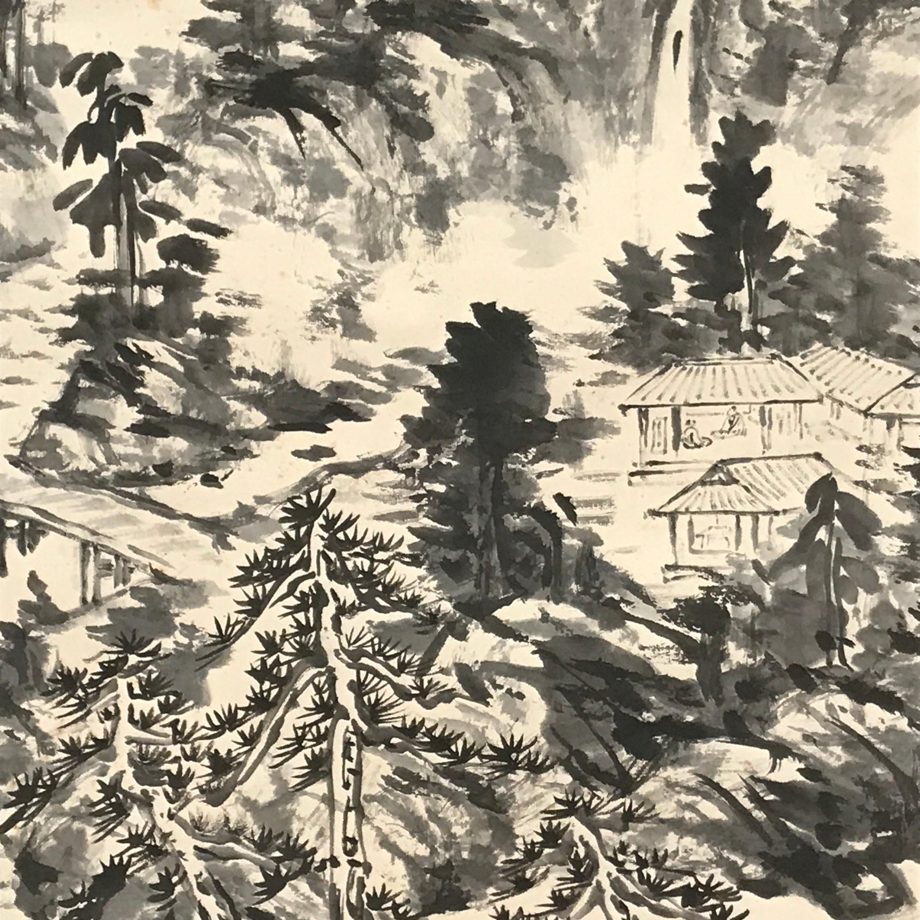 Chinese Hanging Scroll Kakejiku Vtg Mountain Tree River Houses Black KJ125
