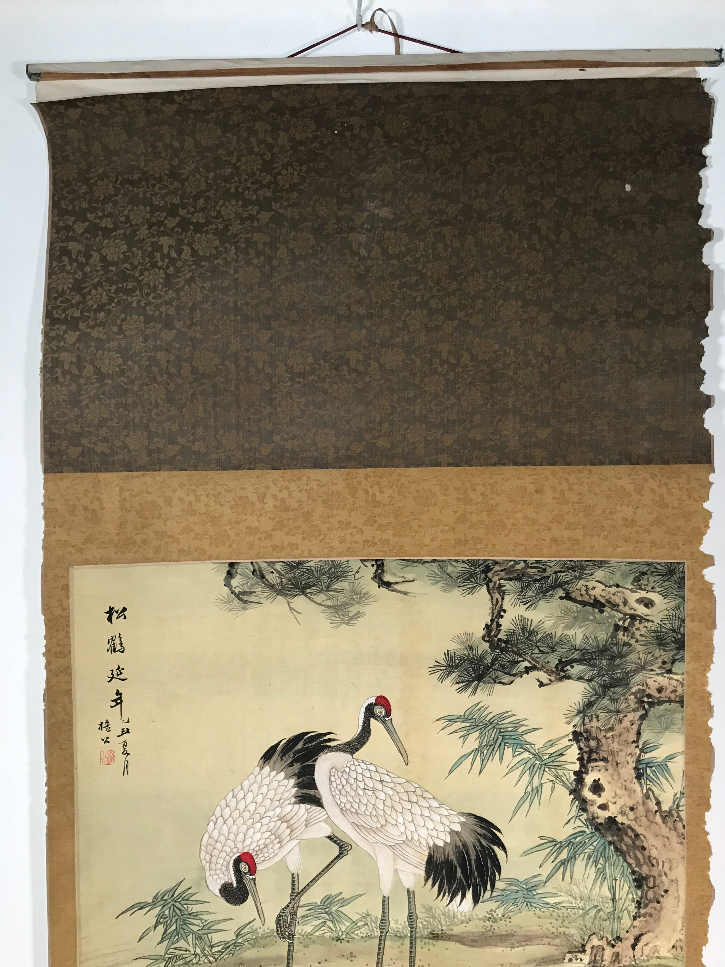 Chinese Hanging Scroll Vtg Kakejiku Tsuru Cranes Matsu Pine Trees Color KJ62