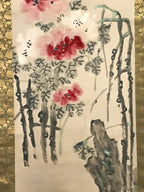 Chinese Hanging Scroll Vtg Red White Flowers Black Leaves Kakejiku SC836