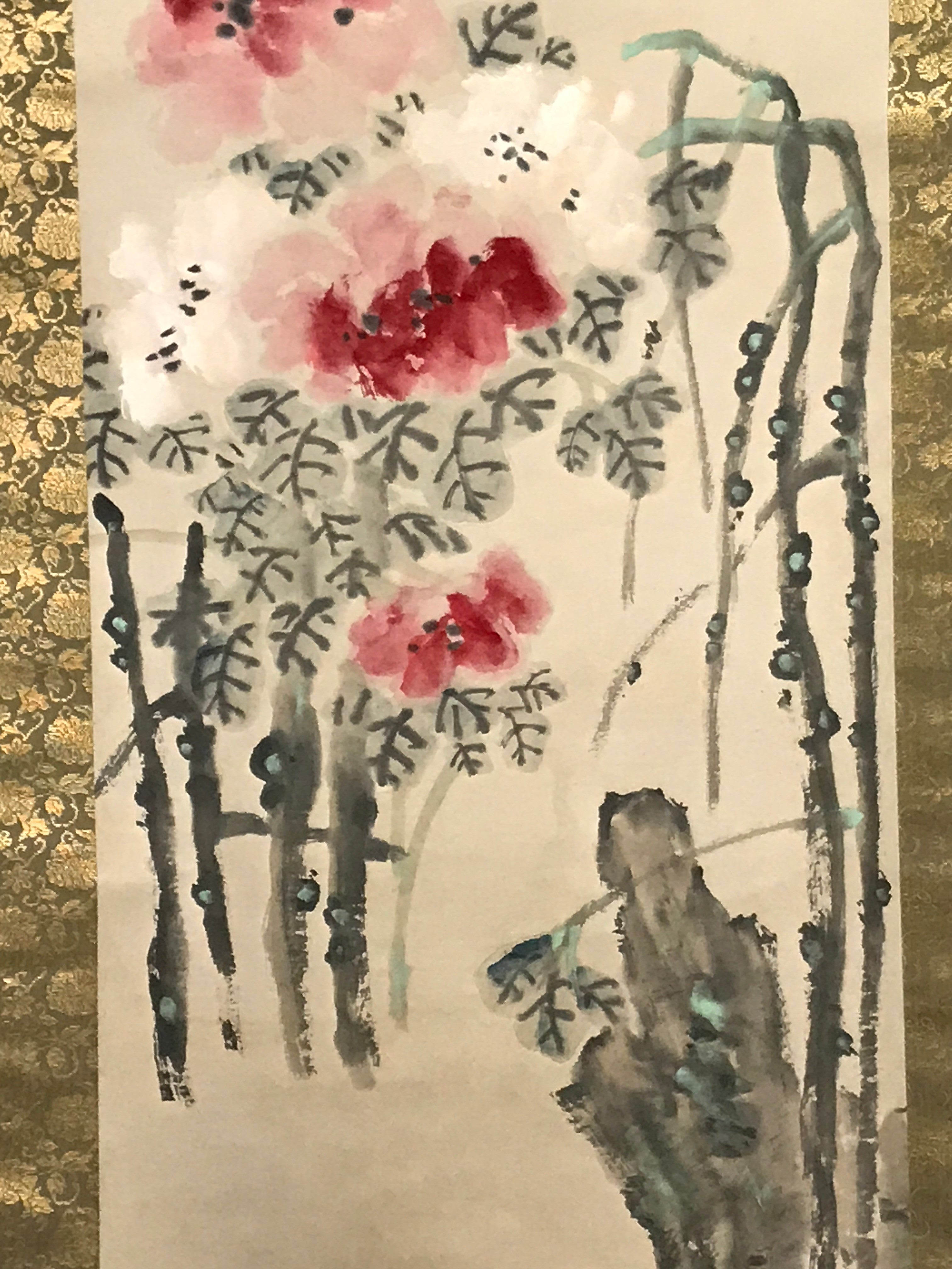 Chinese Hanging Scroll Vtg Red White Flowers Black Leaves Kakejiku SC836