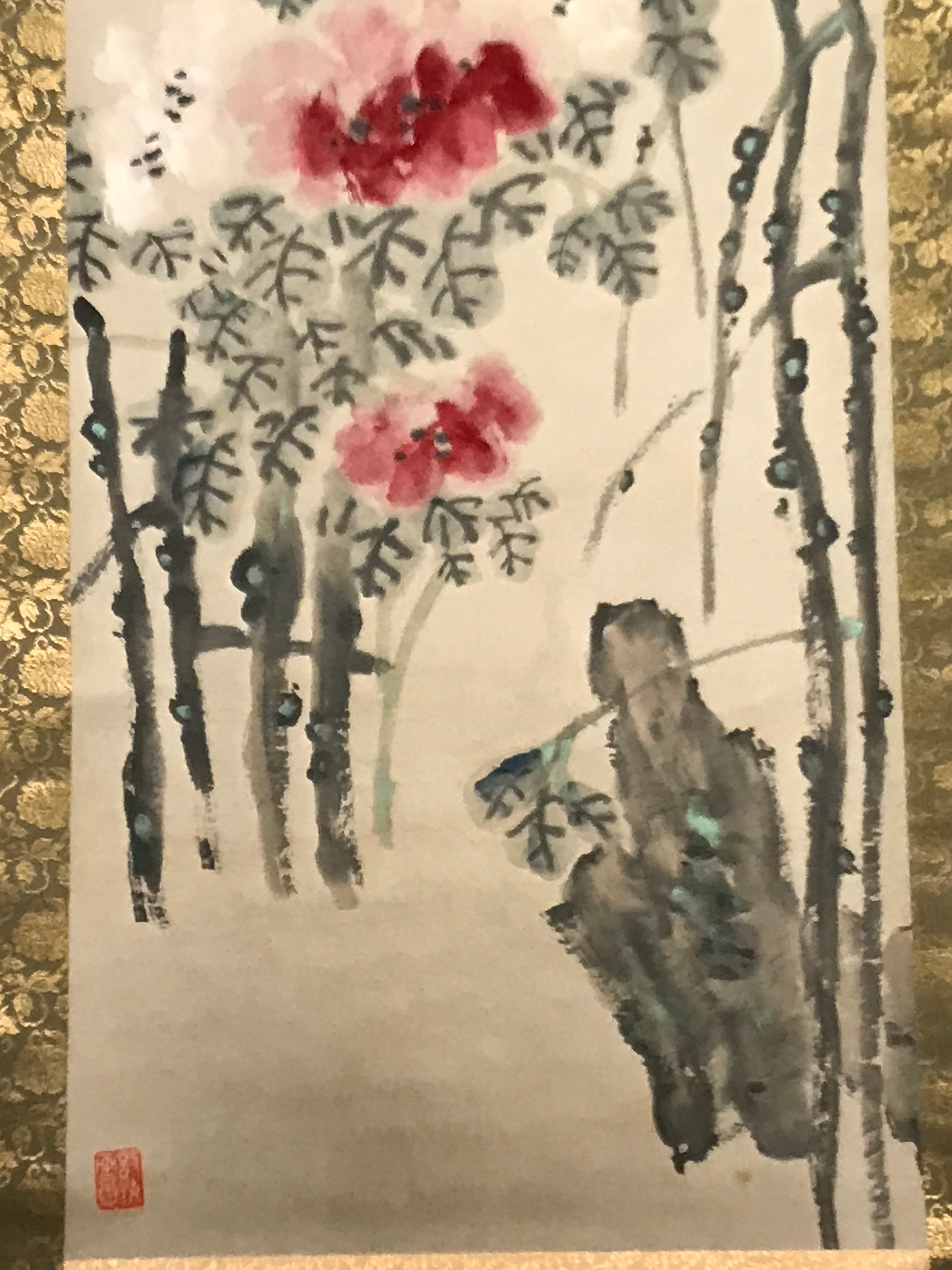 Chinese Hanging Scroll Vtg Red White Flowers Black Leaves Kakejiku SC836