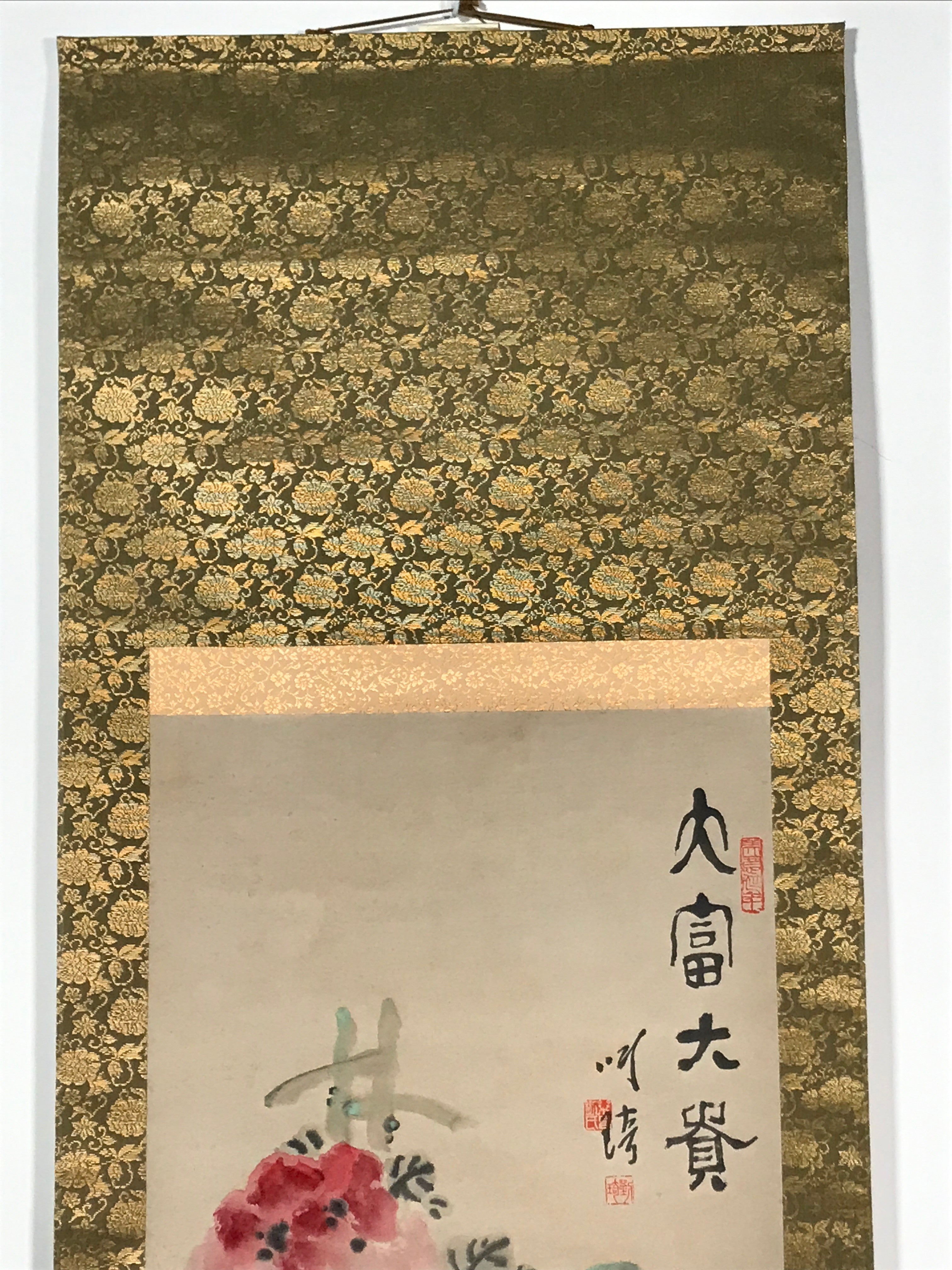 Chinese Hanging Scroll Vtg Red White Flowers Black Leaves Kakejiku SC836