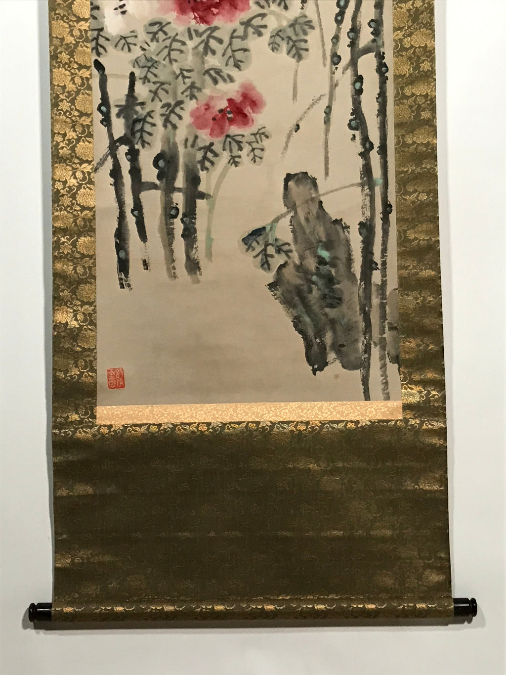 Chinese Hanging Scroll Vtg Red White Flowers Black Leaves Kakejiku SC836