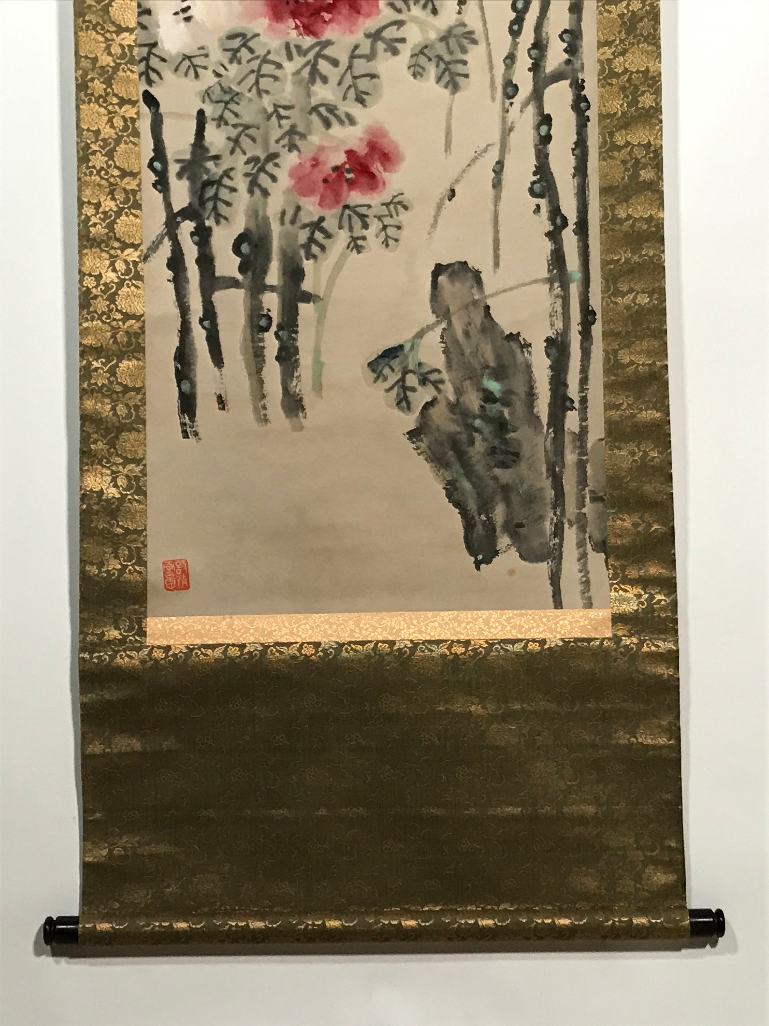 Chinese Hanging Scroll Vtg Red White Flowers Black Leaves Kakejiku SC836