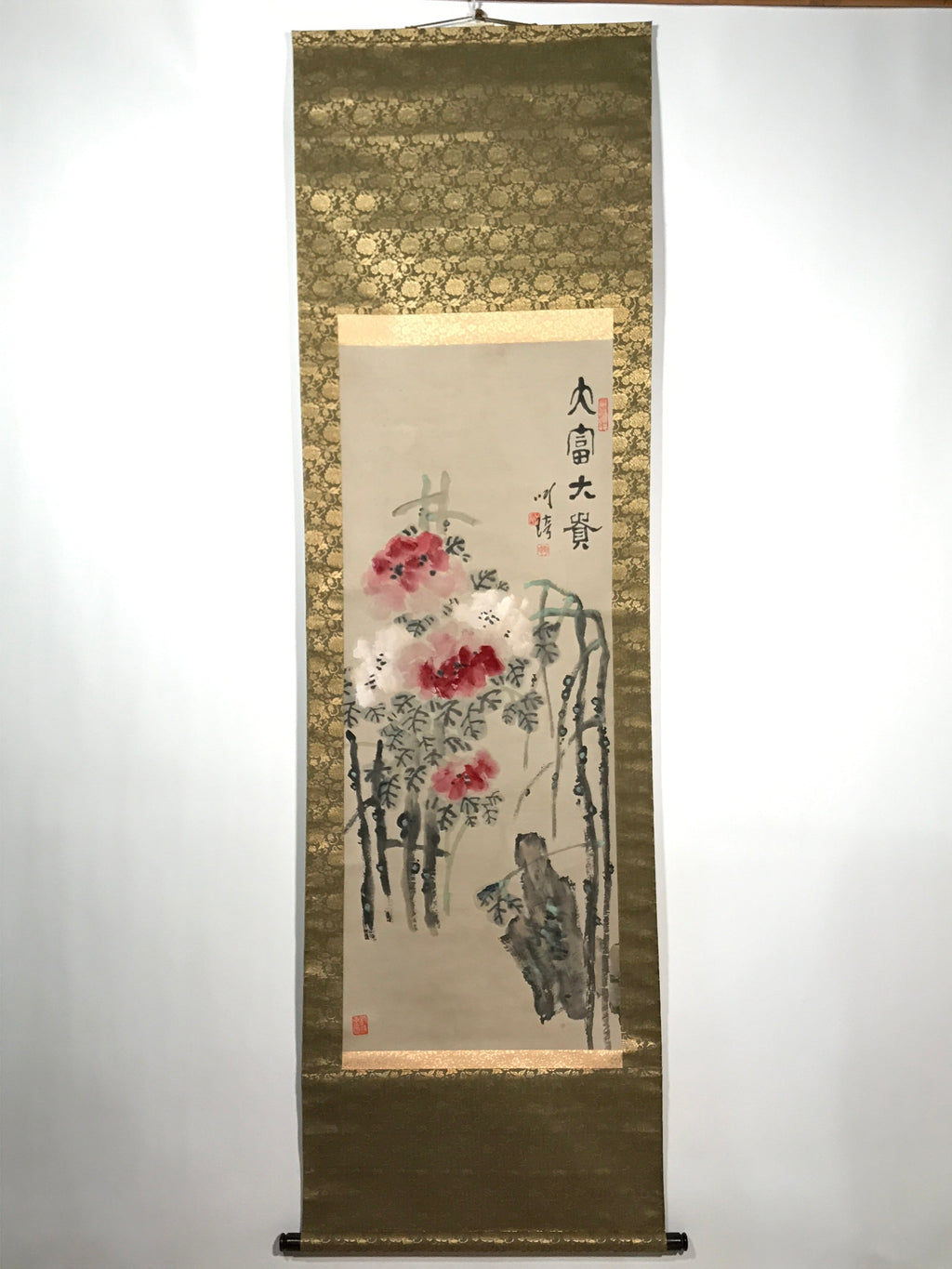 Chinese Hanging Scroll Vtg Red White Flowers Black Leaves Kakejiku SC836