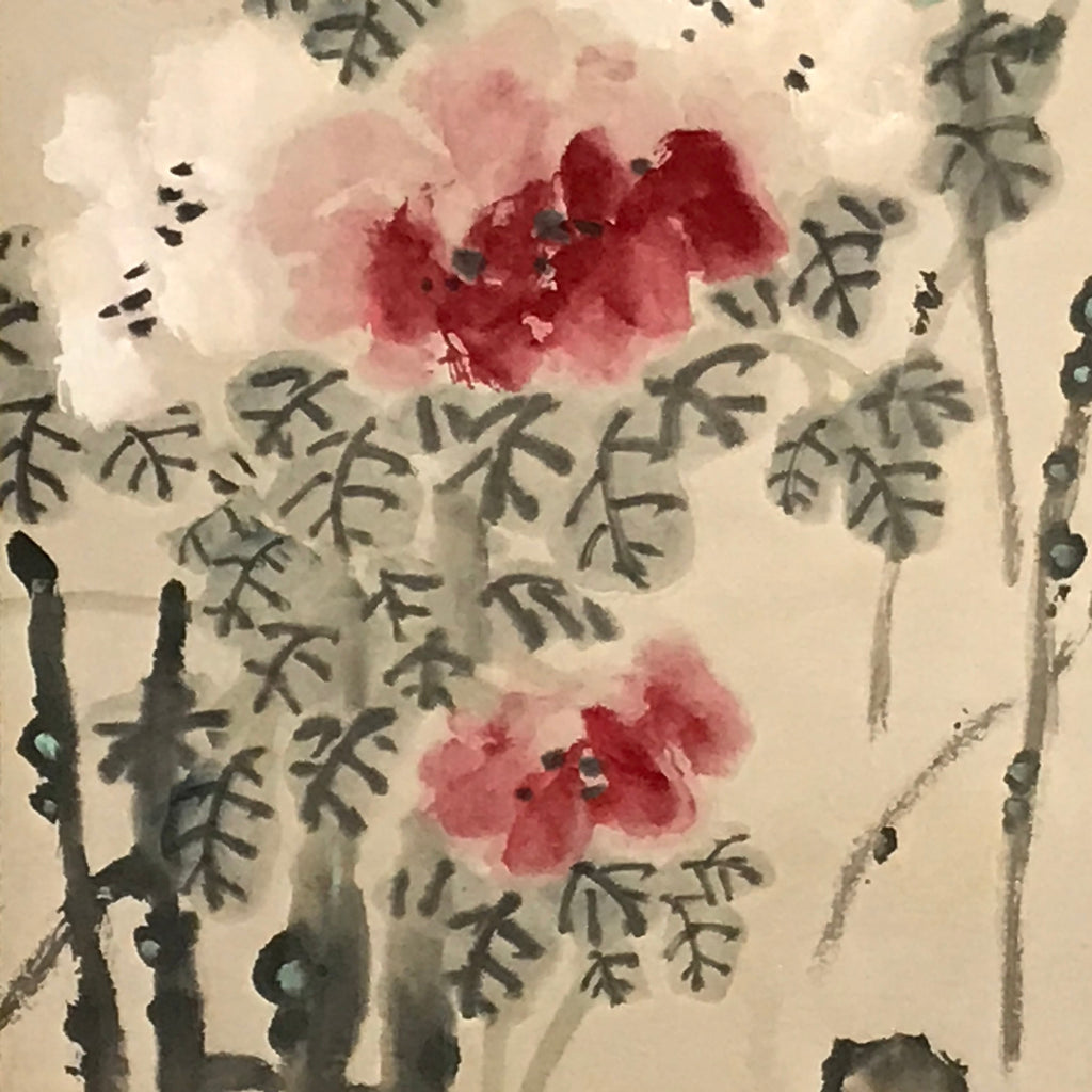 Chinese Hanging Scroll Vtg Red White Flowers Black Leaves Kakejiku SC836