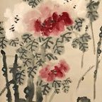 Chinese Hanging Scroll Vtg Red White Flowers Black Leaves Kakejiku SC836