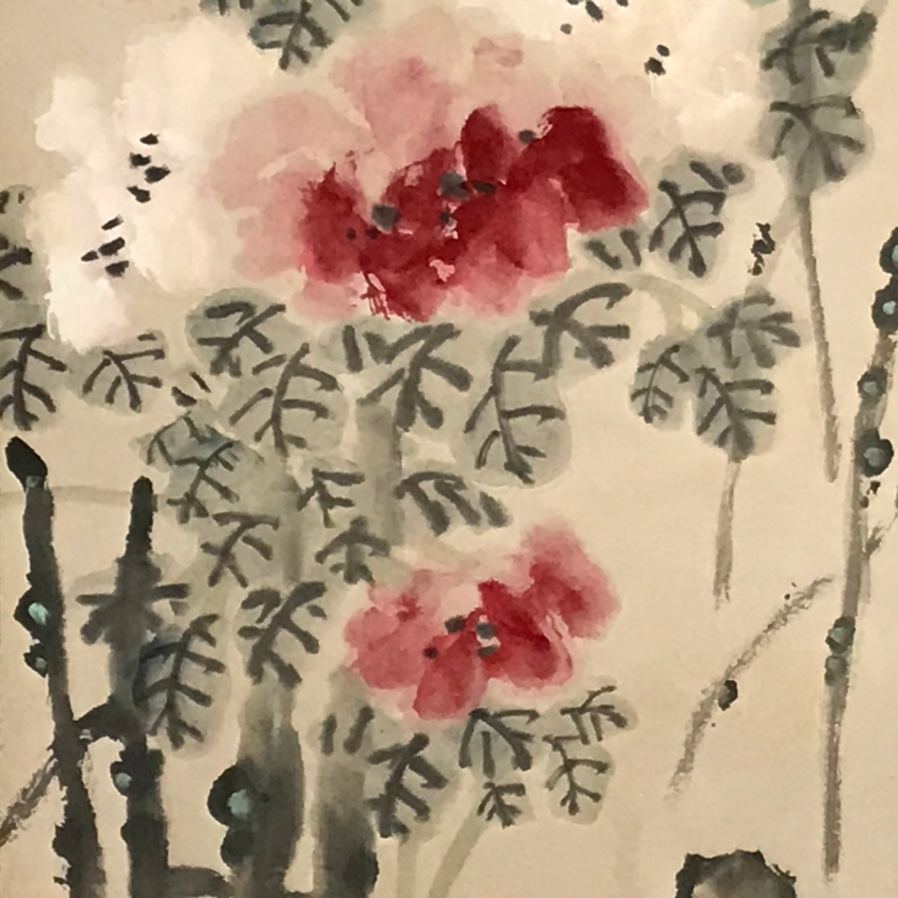 Chinese Hanging Scroll Vtg Red White Flowers Black Leaves Kakejiku SC836
