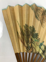 Chinese Paper Folding Fan Sensu Vtg Bamboo Frame Calligraphy House Trees 4D941