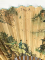 Chinese Paper Folding Fan Sensu Vtg Bamboo Frame Calligraphy House Trees 4D941
